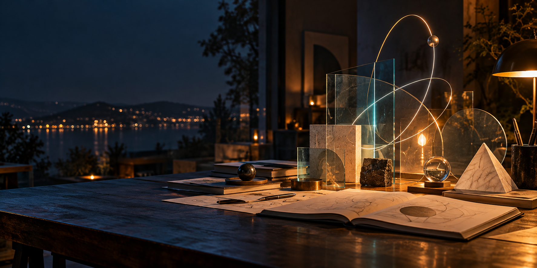 Tavolo da laboratorio creativo con quaderni, vetro, luce calda e forme luminose